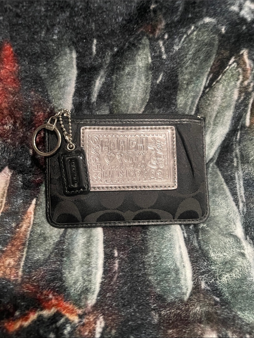 Coach Black Signature Poppy Canvas Zip Card Holder with Silver Patch and Keyring